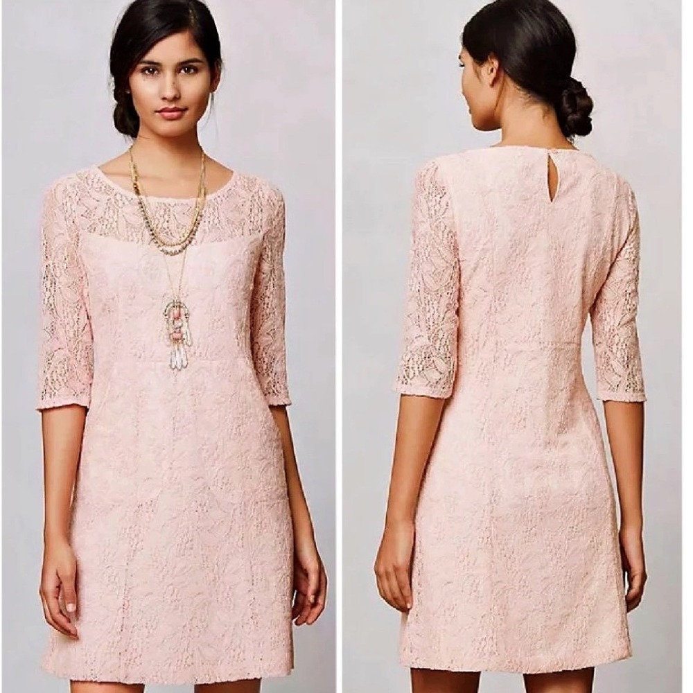 Anthropologie Maeve Lefkara Lace Dress Blush 3/4 Sleeve W/Pockets size XSmall